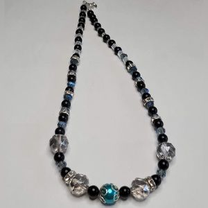 Black agate, crystals, and blue bead. Handmade 16inches